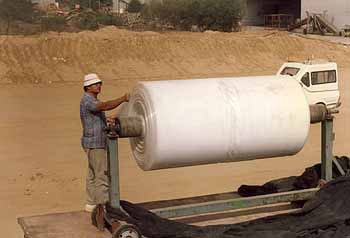 Drum used to pull strips of overliner across the grain-bulk